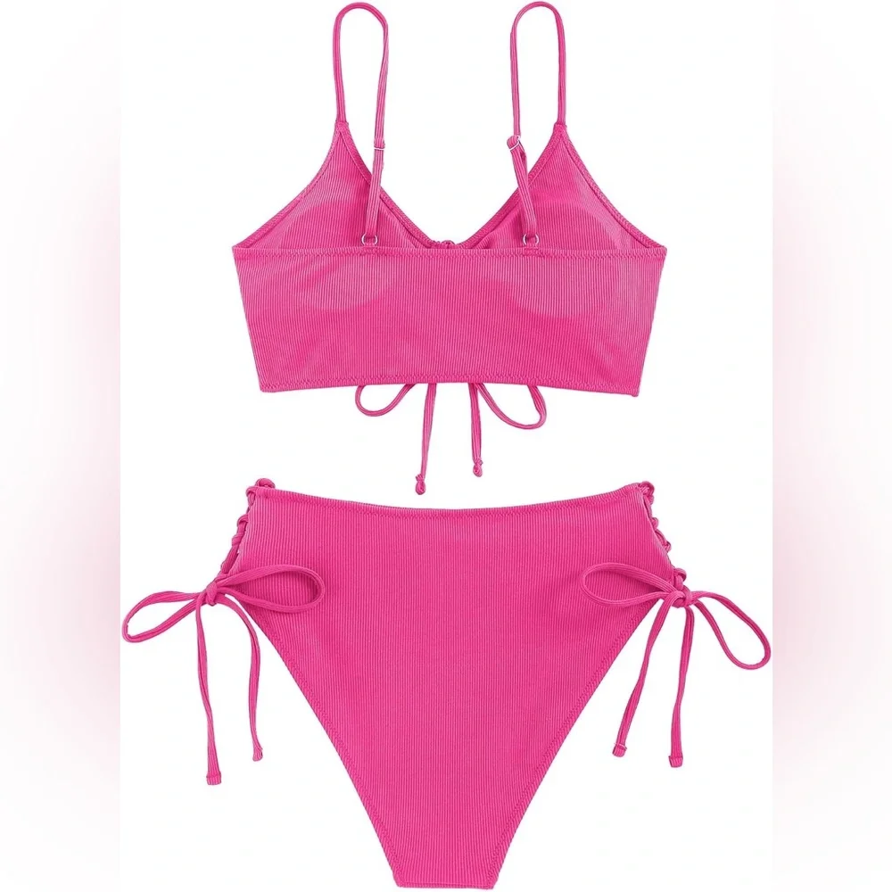 ZAFUL Women's V Neck Ruched Tie Front Bikini Set High Waisted 2 piece set
